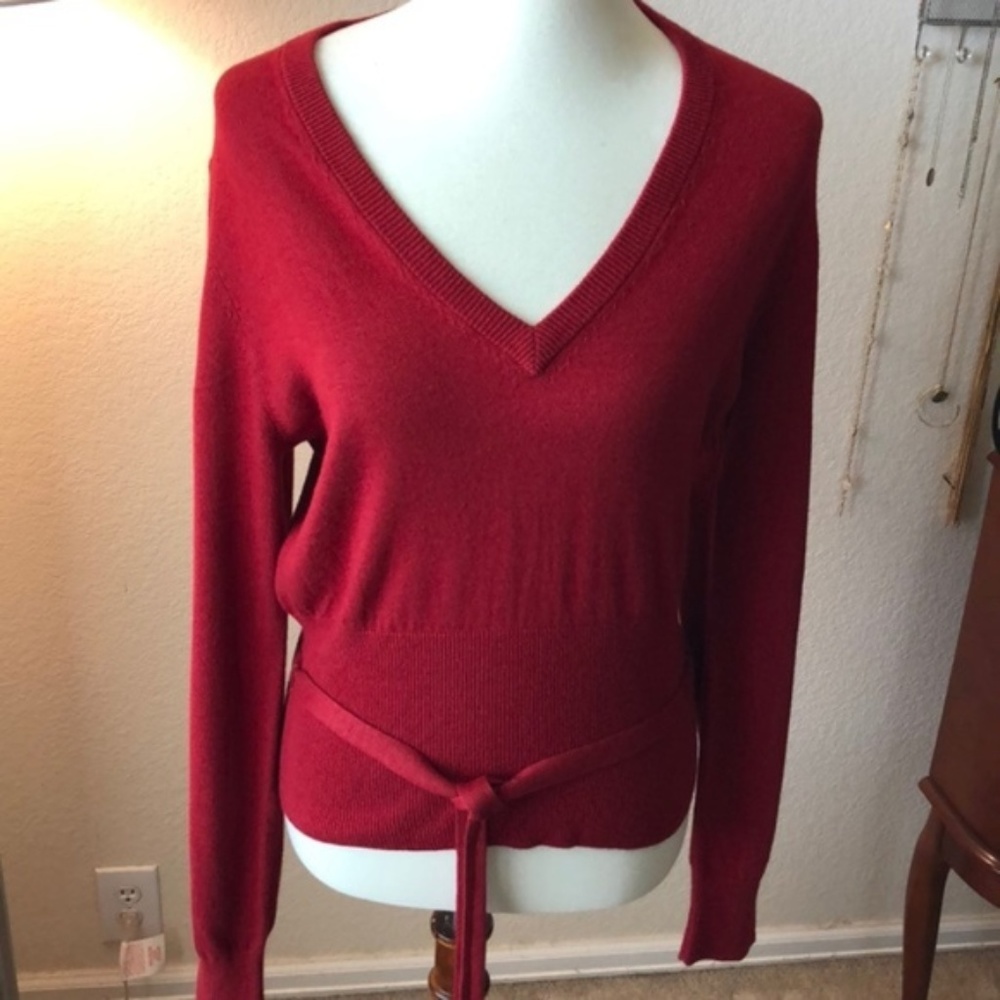 MODA Intl. Deep V-Neck Belted Crimson Sweater